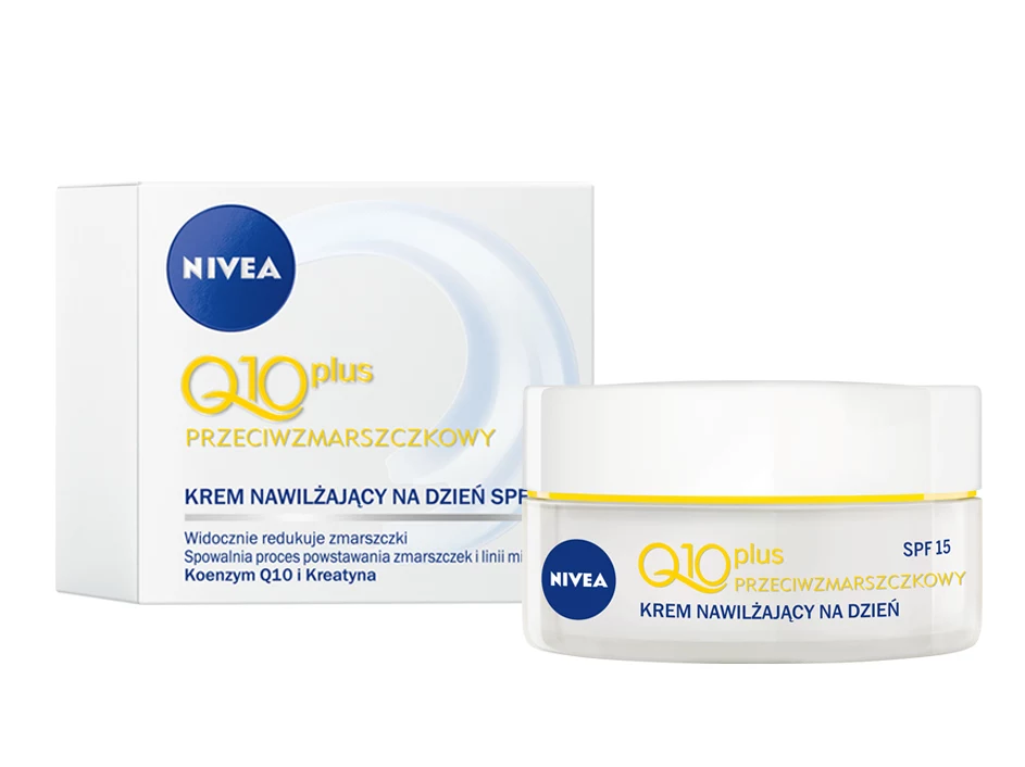 NIVEA Q10 plus Przeciwzmarszczkowy krem nawilżający na dzień SPF 15 Ulepszona formuła zapewnia intensywne nawilżenie i widoczne wygładzenie skóry od wewnątrz,dzięki zwiększeniu naturalnego poziomu koenzymu Q10. Pojemność i rekomendowana cena detaliczna: 50ml/ 39,99 zł NIVEA Q10 plus Przeciwzmarszczkowy krem nawilżający na dzień SPF 15 Ulepszona formuła zapewnia intensywne nawilżenie i widoczne wygładzenie skóry od wewnątrz,dzięki zwiększeniu naturalnego poziomu koenzymu Q10. Pojemność i rekomendowana cena detaliczna: 50ml/ 39,99 zł