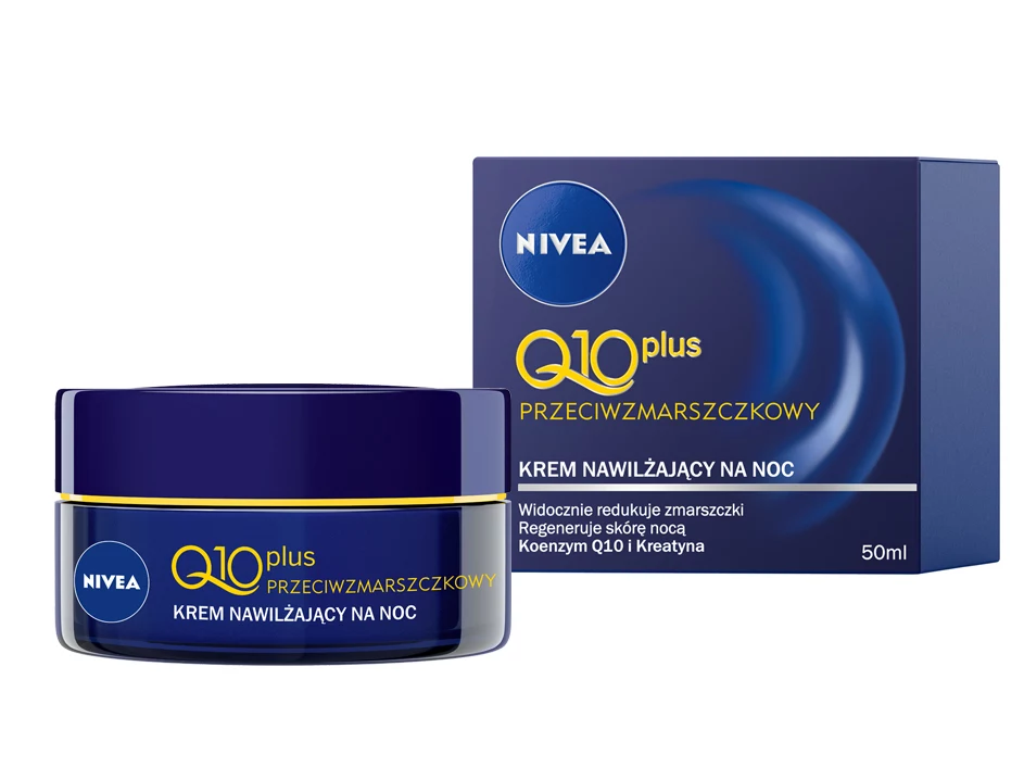 NIVEA Q10 plus Przeciwzmarszczkowy krem nawilżający na noc Formuła z wysoką zawartością koenzymu Q10 skutecznie zwalcza zmarszczki od wewnątrz, redukuje ich widoczność oraz przywraca skórze nawilżenie podczas snu. Pojemność i rekomendowana cena detaliczna: 50ml/ 39,99 zł NIVEA Q10 plus Przeciwzmarszczkowy krem nawilżający na noc Formuła z wysoką zawartością koenzymu Q10 skutecznie zwalcza zmarszczki od wewnątrz, redukuje ich widoczność oraz przywraca skórze nawilżenie podczas snu. Pojemność i rekomendowana cena detaliczna: 50ml/ 39,99 zł