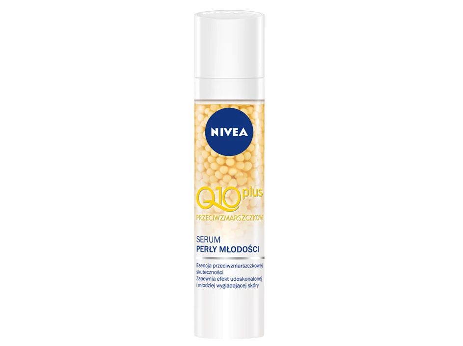 NIVEA Q10 plus Serum Perły Młodości Zawiera największą, skoncentrowaną dawkę naturalnego koenzymu Q10. Stosowane razem z kremem na dzień lub na noc NIVEA Q10 plus, pomaga redukować zmarszczki o 50% skuteczniej w porównaniu do regularnego stosowania samego Q10 plus kremu na dzień lub na noc - wg NIVEA R & D 2014 Studies Pojemność i rekomendowana cena detaliczna: 40ml/ 45 PLN NIVEA Q10 plus Serum Perły Młodości Zawiera największą, skoncentrowaną dawkę naturalnego koenzymu Q10. Stosowane razem z kremem na dzień lub na noc NIVEA Q10 plus, pomaga redukować zmarszczki o 50% skuteczniej w porównaniu do regularnego stosowania samego Q10 plus kremu na dzień lub na noc - wg NIVEA R & D 2014 Studies Pojemność i rekomendowana cena detaliczna: 40ml/ 45 PLN