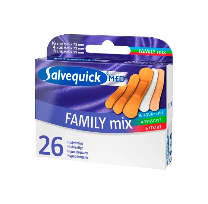 Salvequick Zestaw Rodziny Plastry Salvequick w zestawie idealnie sprawdzają się w domowej apteczce, plecaku, czy torbie podróżnej. W skład zestawu wchodzą: • 16 różnej wielkości plastrów wodoodpornych • 4 plastry do skóry wrażliwej (idealne dla dzieci i dorosłych o wrażliwej skórze) • 6 plastrów tekstylnych odpowiednich na zranienia powstałe w miejscach ruchomych takich jak kolana czy łokcie Rekomendowana cena dla pacjenta: Salvequick Zestaw Rodzinny – 7,5 PLN Salvequick Zestaw Rodziny Plastry Salvequick w zestawie idealnie sprawdzają się w domowej apteczce, plecaku, czy torbie podróżnej. W skład zestawu wchodzą: • 16 różnej wielkości plastrów wodoodpornych • 4 plastry do skóry wrażliwej (idealne dla dzieci i dorosłych o wrażliwej skórze) • 6 plastrów tekstylnych odpowiednich na zranienia powstałe w miejscach ruchomych takich jak kolana czy łokcie Rekomendowana cena dla pacjenta: Salvequick Zestaw Rodzinny – 7,5 PLN