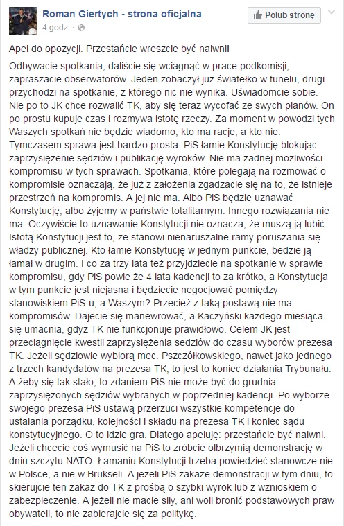 Wpis Romana Giertycha na Facebooku Wpis Romana Giertycha na Facebooku