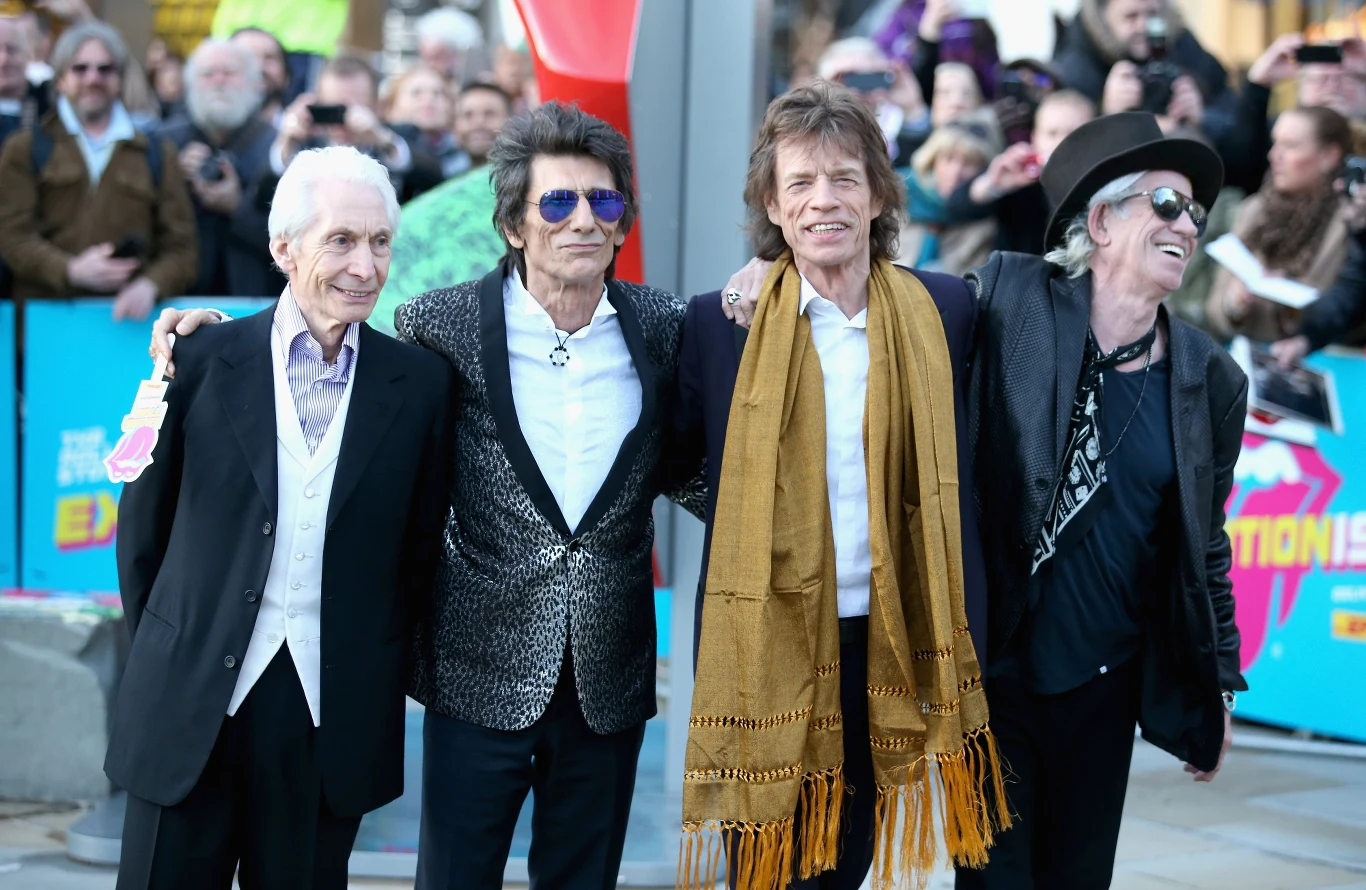 The Rolling Stones w kwietniu 2016 r. na otwarciu "Exhibitionism": od lewej Charlie Watts, Ronnie Wood, Mick Jagger i Keith Richards.