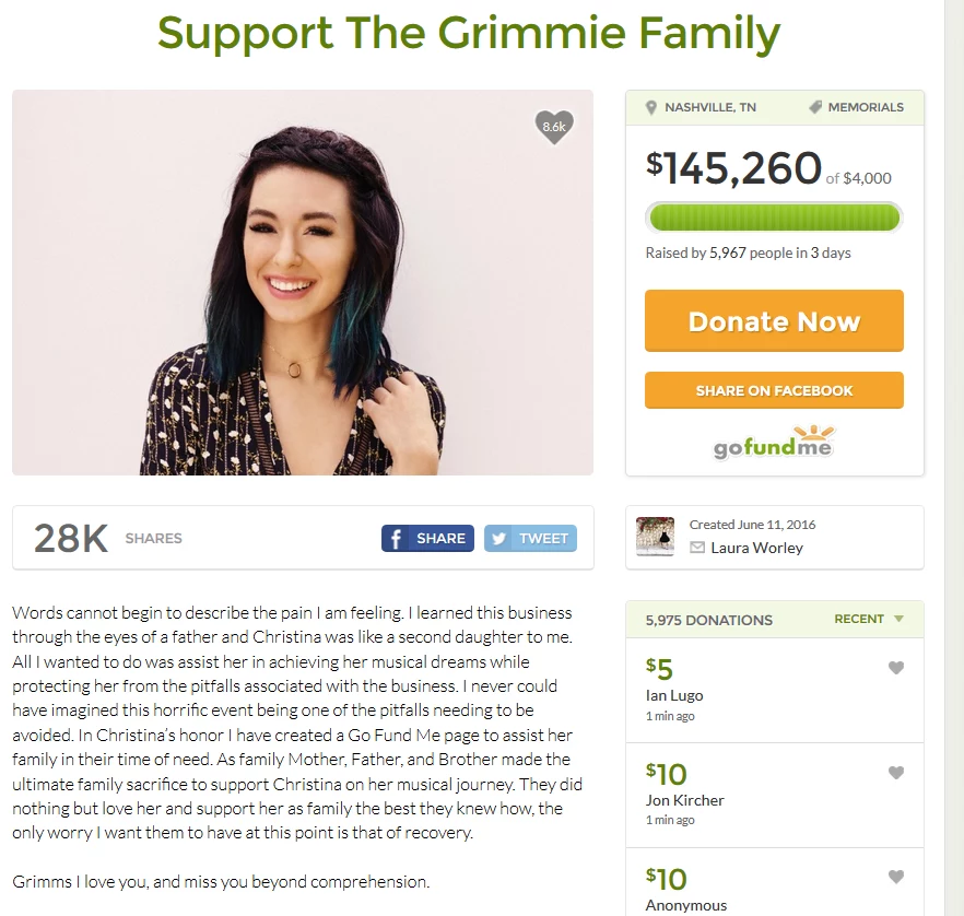 Akcja zbiórki pieniędzy na pogrzeb Christiny Grimmie Akcja zbiórki pieniędzy na pogrzeb Christiny Grimmie