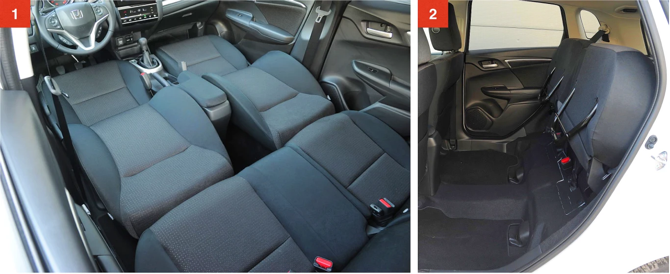 [1] Po wyjęciu zagłówków oparcia foteli składają się na płasko – powstaje wówczas „leżanka” o długości 1,6 metra. [2] Po podniesieniu siedzisk z tyłu można przewieźć przedmioty o wysokości 1,3 m.