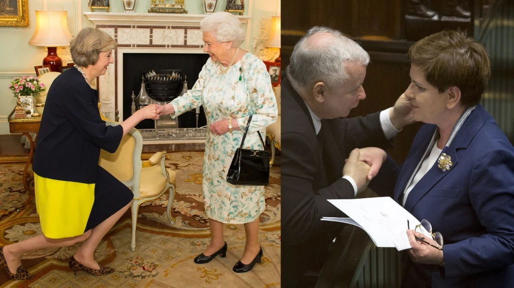 Theresa May z królową Elżbietą II i Kaczyński z Szydło