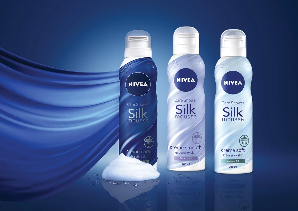 W skład linii musów do mycia ciała Nivea wchodzi odżywczy mus Creme Care, pielęgnujący Creme Smooth oraz orzeźwiająco lekki Creme Soft. Każdy z nich został oparty na unikatowej recepturze zawierającej ekstrakt jedwabiu.