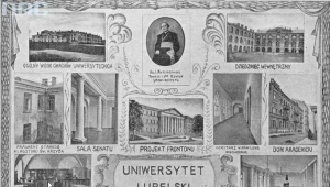 Fragment widoków zewnętrznych i wnętrza. Widoczny portret rektora ks. Idziego Benedykta Radziszewskiego