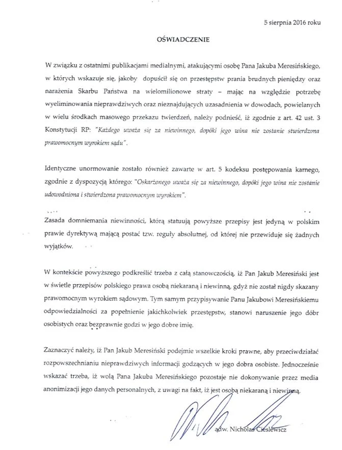 Oświadczenie podpisane przez pełnomocnika Jakuba M. rozesłane do przedstawicieli mediów