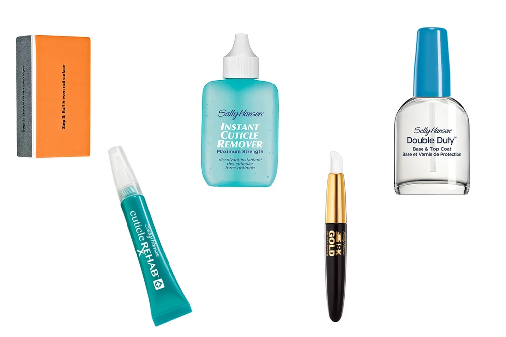 Kosmetyki Sally Hansen: Blok do polerowania, Oliwka żelowa w formie wygodnego pisaka, Żel Instant Cuticle Remover, Peeling do skórek 18K Gold Cuticle Care oraz baza pod lakier