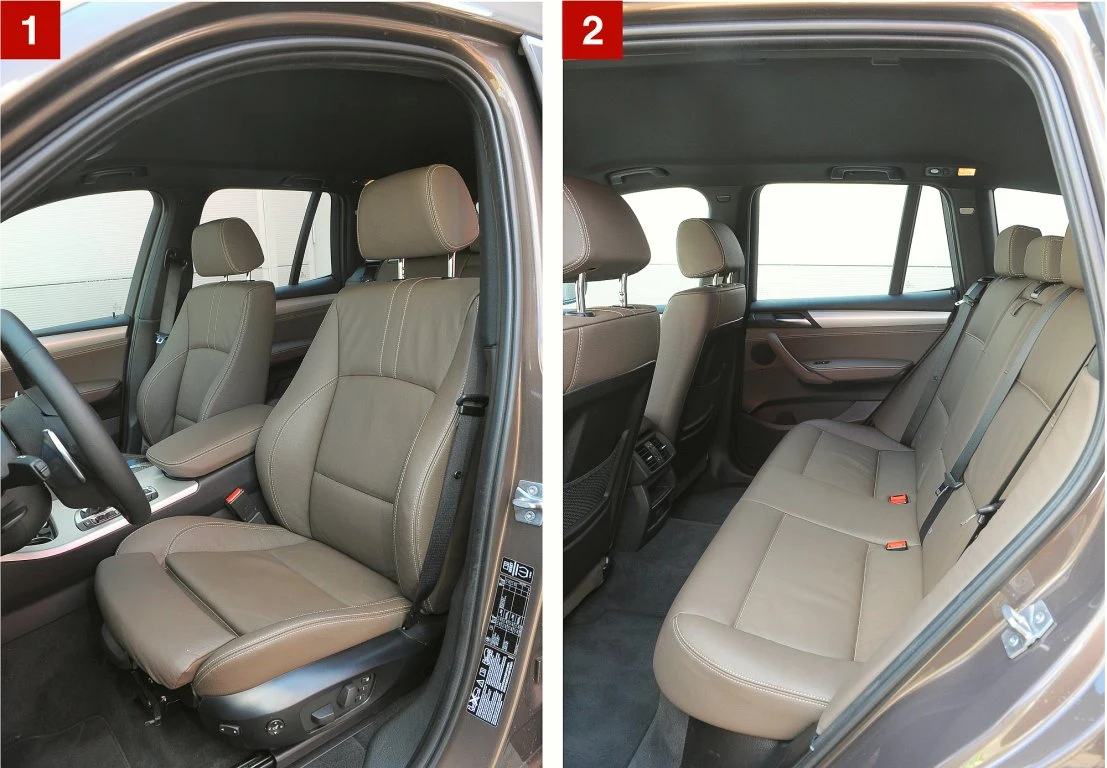 [1] Fotele w najczęściej spotykanych wersjach są skórzane, ale z ręczną regulacją. Na zdjęciu: wersja komfortowa z rozsuwanym siedziskiem, dodatkowo profilowanym oparciem i pamięcią ustawienia. [2] Szerokością wnętrza X3 dorównuje klasowemu liderowi (Hondzie CR-V), przestrzenią na nogi ustępuje mu o znikome wartości.