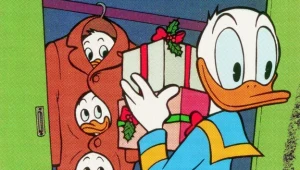 Fragment kolekcjonerskiego znaczka z Kaczorem Donaldem