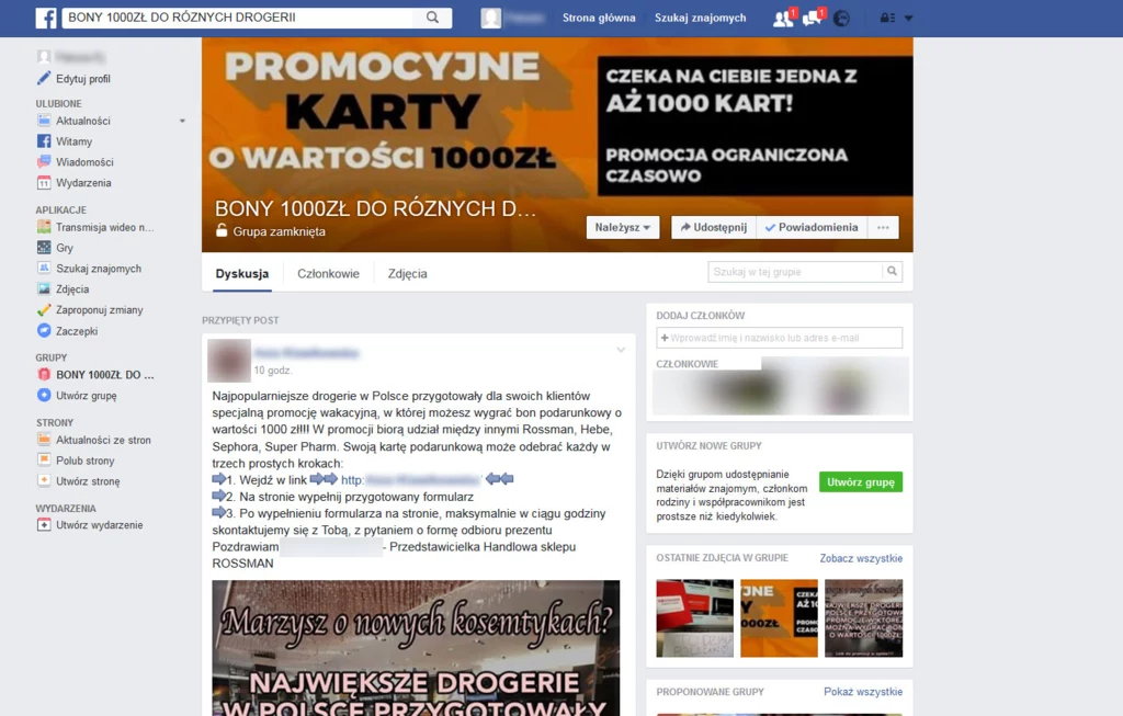 Grupa na Facebooku oferująca bony do drogerii