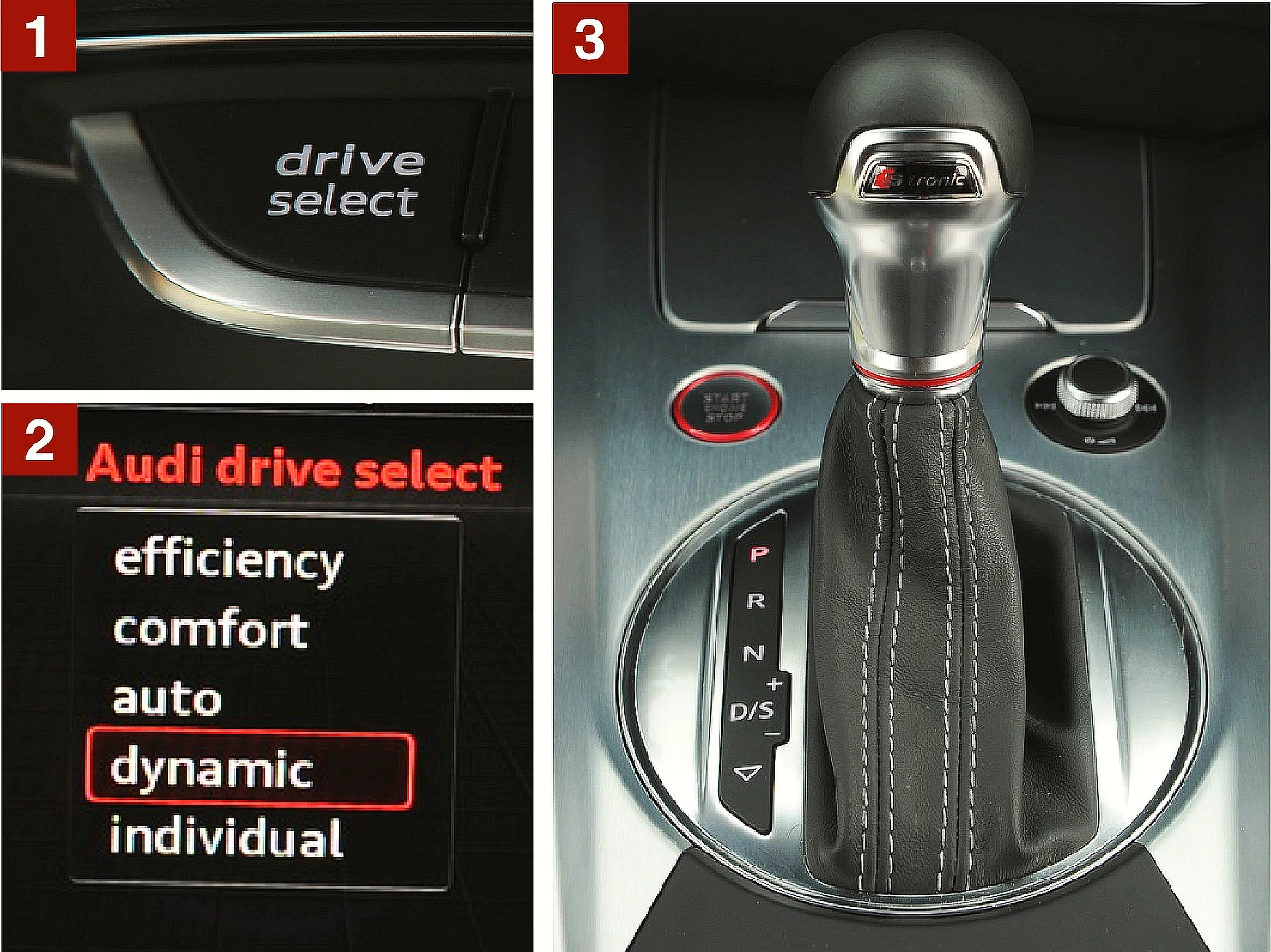 [1] Przełącznikiem na konsoli centralnej można wybrać jeden z pięciu trybów pracy. [2] Nawet w tym najbardziej sportowym „dynamic” czuć, że bezpieczeństwo prowadzenia tego 310-konnego auta było priorytetem. [3] Skrzynia S tronic (dopłata 9900 zł) ułatwia codzienną eksploatację auta, a nie odbiera mu walorów sportowych.