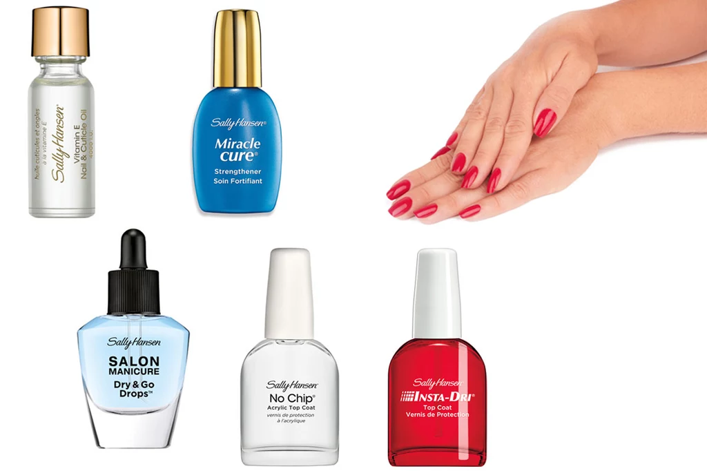 Kosmetyki Sally Hansen: Vitamin E Nail & Cuticle Oil, Dry & Go Drops, Miracle Cure,No Chip Acrylic Top Coat i Insta-Dri 