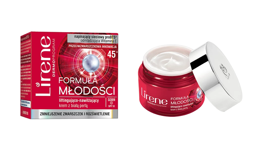 Formuła Młodości LIFTINGUJĄCO-NAWILŻAJĄCY KREM Z BIAŁĄ PERŁĄ 45+ Krem nowej generacji Formuła Młodości 45+ na dzień zapewnia efekt natychmiastowego liftingu i rozświetlenia oraz długotrwałego nawilżenia skóry. BŁYSKAWICZNY LIFTING I REDUKCJA WIDOCZNYCH ZMARSZCZEK. Innowacyjny, nieinwazyjny napinający sieciowy kompleks proBTS3 tworzy wielowymiarową mikro-sieć na skórze, błyskawicznie ją napinając. Efekt – 100% lifting skóry już po 1. aplikacji utrzymujący się do 7 godzin*, 80% błyskawiczny wzrost napięcia skóry*, zmniejszenie liczby zmarszczek o 18%**. NAWILŻENIE I ODMŁODZENIE SKÓRY. Naturalny ekstrakt z białej perły oraz odmładzająca Witamina E i D-panthenol, zapewniają skórze wielopoziomowe nawilżenie oraz odmłodzenie. Efekt – wzrost gęstości skóry**, 79% odmłodzenie skóry*. IDEALNE ROZŚWIETLENIE – EFEKT BLUR. Rozświetlające perłowe drobinki rozpromieniają cerę, nie powodując błyszczenia. Efekt – 79% skóra staje się promienna*, 68% rozświetlenie skóry*. *Test IN VIVO – ocena w grupie 28 kobiet po 4 tygodniach ** badania biometryczne w Laboratorium Naukowym Lirene zobacz więcej Formuła Młodości LIFTINGUJĄCO-NAWILŻAJĄCY KREM Z BIAŁĄ PERŁĄ 45+ Krem nowej generacji Formuła Młodości 45+ na dzień zapewnia efekt natychmiastowego liftingu i rozświetlenia oraz długotrwałego nawilżenia skóry. BŁYSKAWICZNY LIFTING I REDUKCJA WIDOCZNYCH ZMARSZCZEK. Innowacyjny, nieinwazyjny napinający sieciowy kompleks proBTS3 tworzy wielowymiarową mikro-sieć na skórze, błyskawicznie ją napinając. Efekt – 100% lifting skóry już po 1. aplikacji utrzymujący się do 7 godzin*, 80% błyskawiczny wzrost napięcia skóry*, zmniejszenie liczby zmarszczek o 18%**. NAWILŻENIE I ODMŁODZENIE SKÓRY. Naturalny ekstrakt z białej perły oraz odmładzająca Witamina E i D-panthenol, zapewniają skórze wielopoziomowe nawilżenie oraz odmłodzenie. Efekt – wzrost gęstości skóry**, 79% odmłodzenie skóry*. IDEALNE ROZŚWIETLENIE – EFEKT BLUR. Rozświetlające perłowe drobinki rozpromieniają cerę, nie powodując błyszczenia. Efekt – 79% skóra staje się promienna*, 68% rozświetlenie skóry*. *Test IN VIVO – ocena w grupie 28 kobiet po 4 tygodniach ** badania biometryczne w Laboratorium Naukowym Lirene zobacz więcej