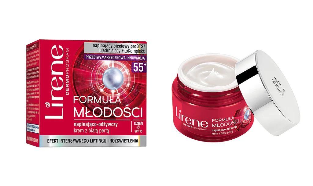 Formuła Młodości NAPINAJĄCO-ODŻYWCZY KREM Z BIAŁĄ PERŁĄ 55+ Krem nowej generacji Formuła Młodości 55+ na dzień zapewnia efekt natychmiastowego liftingu i rozświetlenia oraz długotrwałego nawilżenia skóry. UJĘDRNIENIE I SPŁYCENIE GŁĘBOKICH ZMARSZCZEK. Innowacyjny, nieinwazyjny, napinający, sieciowy kompleks proBTS3 tworzy wielowymiarową mikro-sieć na skórze, błyskawicznie ją napinając. Efekt – 100% napięcie i lifting skóry już po 1 użyciu*, spłycenie zmarszczek mimicznych o 24% już po 1. aplikacji**, spłycenie głębokich zmarszczek o 39%**. ODMŁODZENIE I DŁUGOTRWAŁA POPRAWA ELASTYCZNOŚCI. Naturalny ekstrakt z białej perły oraz fitoskwalan zapewniają intensywne nawilżenie i odżywienie. Efekt – wzrost elastyczności skóry**, 93% intensywne nawilżenie*. IDEALNE ROZŚWIETLENIE – EFEKT BLUR. Rozświetlające perłowe drobinki rozpromieniają cerę, nie powodując błyszczenia. Efekt – 78% rozświetlona skóra*, 87% rozjaśnienie poszarzałej skóry*. *Test IN VIVO – ocena w grupie 27 kobiet po 4 tygodniach ** badania biometryczne w Laboratorium Naukowym Lirene zobacz więcej Formuła Młodości NAPINAJĄCO-ODŻYWCZY KREM Z BIAŁĄ PERŁĄ 55+ Krem nowej generacji Formuła Młodości 55+ na dzień zapewnia efekt natychmiastowego liftingu i rozświetlenia oraz długotrwałego nawilżenia skóry. UJĘDRNIENIE I SPŁYCENIE GŁĘBOKICH ZMARSZCZEK. Innowacyjny, nieinwazyjny, napinający, sieciowy kompleks proBTS3 tworzy wielowymiarową mikro-sieć na skórze, błyskawicznie ją napinając. Efekt – 100% napięcie i lifting skóry już po 1 użyciu*, spłycenie zmarszczek mimicznych o 24% już po 1. aplikacji**, spłycenie głębokich zmarszczek o 39%**. ODMŁODZENIE I DŁUGOTRWAŁA POPRAWA ELASTYCZNOŚCI. Naturalny ekstrakt z białej perły oraz fitoskwalan zapewniają intensywne nawilżenie i odżywienie. Efekt – wzrost elastyczności skóry**, 93% intensywne nawilżenie*. IDEALNE ROZŚWIETLENIE – EFEKT BLUR. Rozświetlające perłowe drobinki rozpromieniają cerę, nie powodując błyszczenia. Efekt – 78% rozświetlona skóra*, 87% rozjaśnienie poszarzałej skóry*. *Test IN VIVO – ocena w grupie 27 kobiet po 4 tygodniach ** badania biometryczne w Laboratorium Naukowym Lirene zobacz więcej