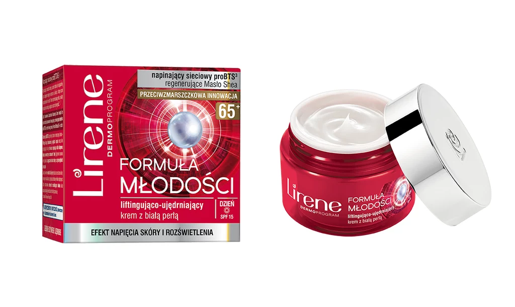 Formuła Młodości LIFTINGUJĄCO-UJĘDRNIAJĄCY KREM Z BIAŁĄ PERŁĄ 65+ Krem nowej generacji Formuła Młodości 65+ na dzień zapewnia efekt natychmiastowego liftingu, i rozświetlenia oraz długotrwałego nawilżenia skóry. LIFTING I UJĘDRNIENIE SKÓRY. Innowacyjny, nieinwazyjny, napinający sieciowy kompleks proBTS3 tworzy wielowymiarową mikro-sieć na skórze, błyskawicznie ją napinając. Efekt – natychmiastowy lifting*, wzrost elastyczności o 26%**, redukcja intensywności zmarszczek o 44%**. GŁĘBOKIE ODŻYWIENIE I NAWILŻENIE SKÓRY. Odmładzająca witamina E oraz regenerujące Masło Shea, zapewniają intensywne wygładzenie i głębokie odżywienie skóry. Efekt – 100% wygładzenie skóry*, wzrost gęstości skóry**. NAWILŻENIE I ROZŚWIETLENIE. Rozświetlające perłowe drobinki rozpromieniają cerę, nie powodując błyszczenia, a naturalny ekstrakt z białej perły intensywnie nawilża. Efekt – 64% rozświetlona skóra*, 89% nawilżona skóra*. *Test IN VIVO – ocena w grupie 28 kobiet po 4 tygodniach ** badania biometryczne w Laboratorium Naukowym Lirene zobacz więcej Formuła Młodości LIFTINGUJĄCO-UJĘDRNIAJĄCY KREM Z BIAŁĄ PERŁĄ 65+ Krem nowej generacji Formuła Młodości 65+ na dzień zapewnia efekt natychmiastowego liftingu, i rozświetlenia oraz długotrwałego nawilżenia skóry. LIFTING I UJĘDRNIENIE SKÓRY. Innowacyjny, nieinwazyjny, napinający sieciowy kompleks proBTS3 tworzy wielowymiarową mikro-sieć na skórze, błyskawicznie ją napinając. Efekt – natychmiastowy lifting*, wzrost elastyczności o 26%**, redukcja intensywności zmarszczek o 44%**. GŁĘBOKIE ODŻYWIENIE I NAWILŻENIE SKÓRY. Odmładzająca witamina E oraz regenerujące Masło Shea, zapewniają intensywne wygładzenie i głębokie odżywienie skóry. Efekt – 100% wygładzenie skóry*, wzrost gęstości skóry**. NAWILŻENIE I ROZŚWIETLENIE. Rozświetlające perłowe drobinki rozpromieniają cerę, nie powodując błyszczenia, a naturalny ekstrakt z białej perły intensywnie nawilża. Efekt – 64% rozświetlona skóra*, 89% nawilżona skóra*. *Test IN VIVO – ocena w grupie 28 kobiet po 4 tygodniach ** badania biometryczne w Laboratorium Naukowym Lirene zobacz więcej