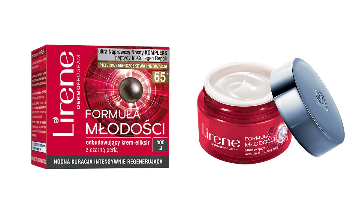 Formuła Młodości ODBUDOWUJĄCY KREM-ELIKSIR Z CZARNĄ PERŁĄ 65+ Krem-eliksir nowej generacji Formuła Młodości 65+ na noc, zawierający innowacyjny ultra Naprawczy Nocny KOMPLEKS na bazie ekstraktu z orchidei i czarnej perły, zapewnia intensywną nocną kurację odbudowująco-regenerującą oraz efekt wypoczętej skóry rano. ODBUDOWA SKÓRY I ZMNIEJSZENIE WIDOCZNYCH ZMARSZCZEK. Kompleks peptydów In-CollaGEN Repair™ działa przeciwzmarszczkowo, stymulując procesy naprawcze uszkodzeń wywołanych starzeniem się skóry. Efekt – spadek liczby zmarszczek, zmniejszenie objętości zmarszczki nosowo-wargowej o 18%**, wzrost elastyczności skóry**. WIELOPOZIOMOWE ODMŁODZENIE I REGENERACJA. Wyciąg z purpurowej orchidei zawiera aminokwasy i sole mineralne, zapewniające regenerację skóry nocą. Efekt – 82% odżywienie skóry*, wzrost natłuszczenia o 51%**. PRZYWRÓCENIE PROMIENNEGO I WYPOCZĘTEGO WYGLĄDU SKÓRY. Rewitalizująca witamina PP oraz ekstrakt z czarnej perły pobudzają komórki naskórka, stymulując je do samoodnowy nocą. Efekt – 89% promienna i wypoczęta skóra*, 96% wygładzona skóra*. *Test IN VIVO – ocena w grupie 28 kobiet po 4 tygodniach ** badania biometryczne w Laboratorium Naukowym Lirene zobacz więcej