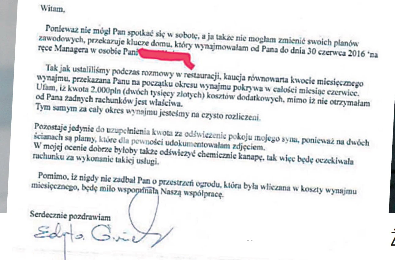 List Edyty Górniak do właściciela domu