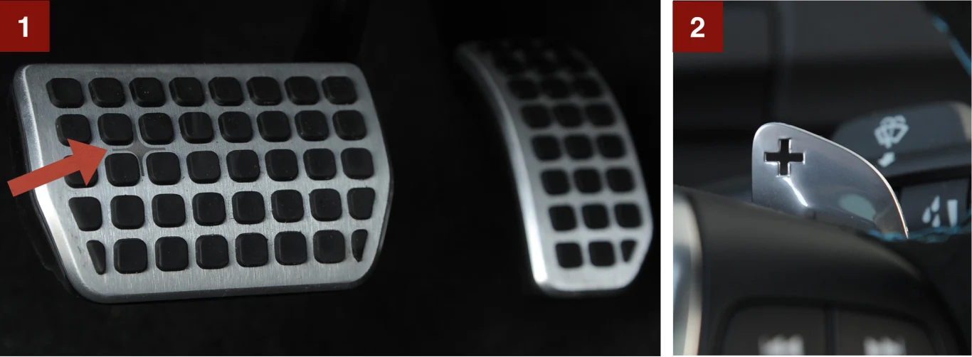 [1] Dla spostrzegawczych – na pedałach też jest logo Polestar (4-ramienna gwiazdka). [2] Efektowne łopatki z aluminium mają wycięte symbole i są gumowane od spodu, żeby nie ślizgały się po nich palce kierowcy.