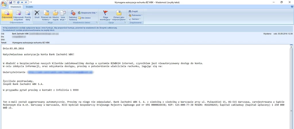 Wiadomość phishingowa wysyłana do klientów banku