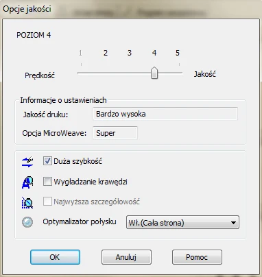 Okno sterownika odpowiadające za regulację jakości wydruków Okno sterownika odpowiadające za regulację jakości wydruków