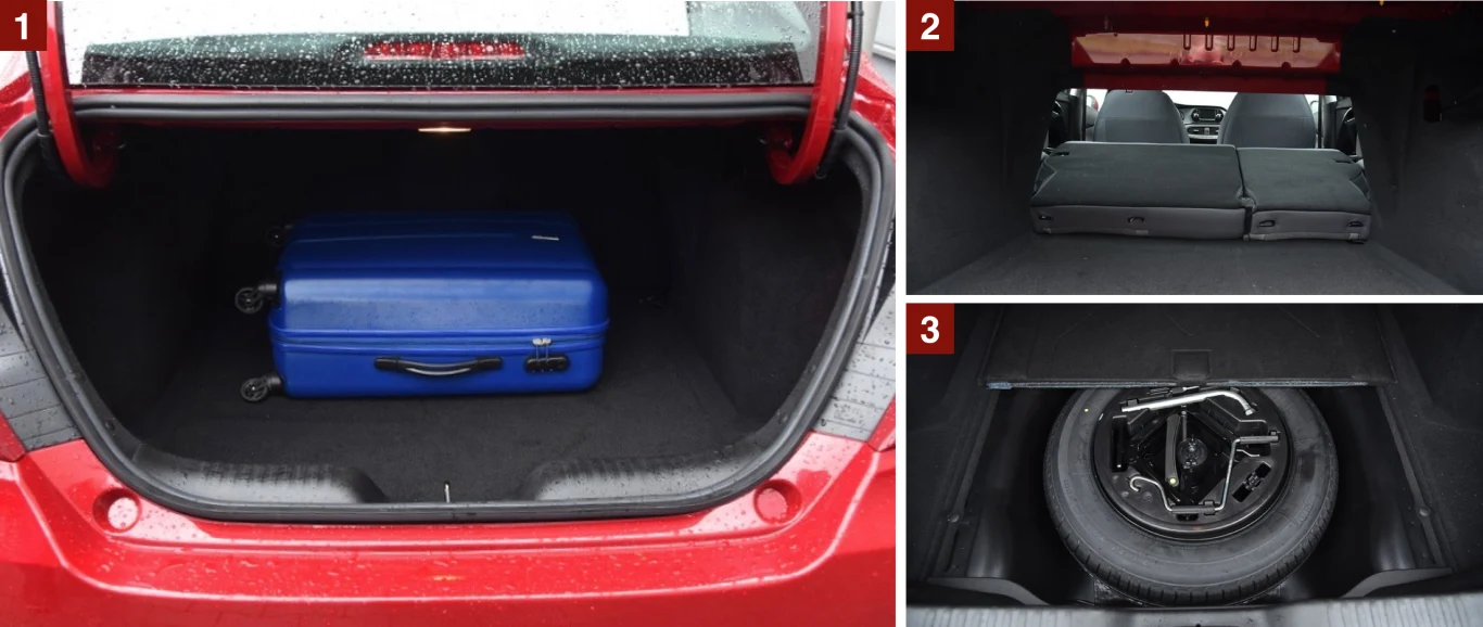 [1] Bagażnik imponuje pojemnością 520 l. Nie jest jednak ideałem – ma nieduży otwór załadunkowy i wielkie zawiasy, które ograniczają pakowność. [2] Złożenie oparć daje spory próg oraz mały otwór. [3] Pełnowymiarowy „zapas” kosztuje dodatkowo 400 zł.