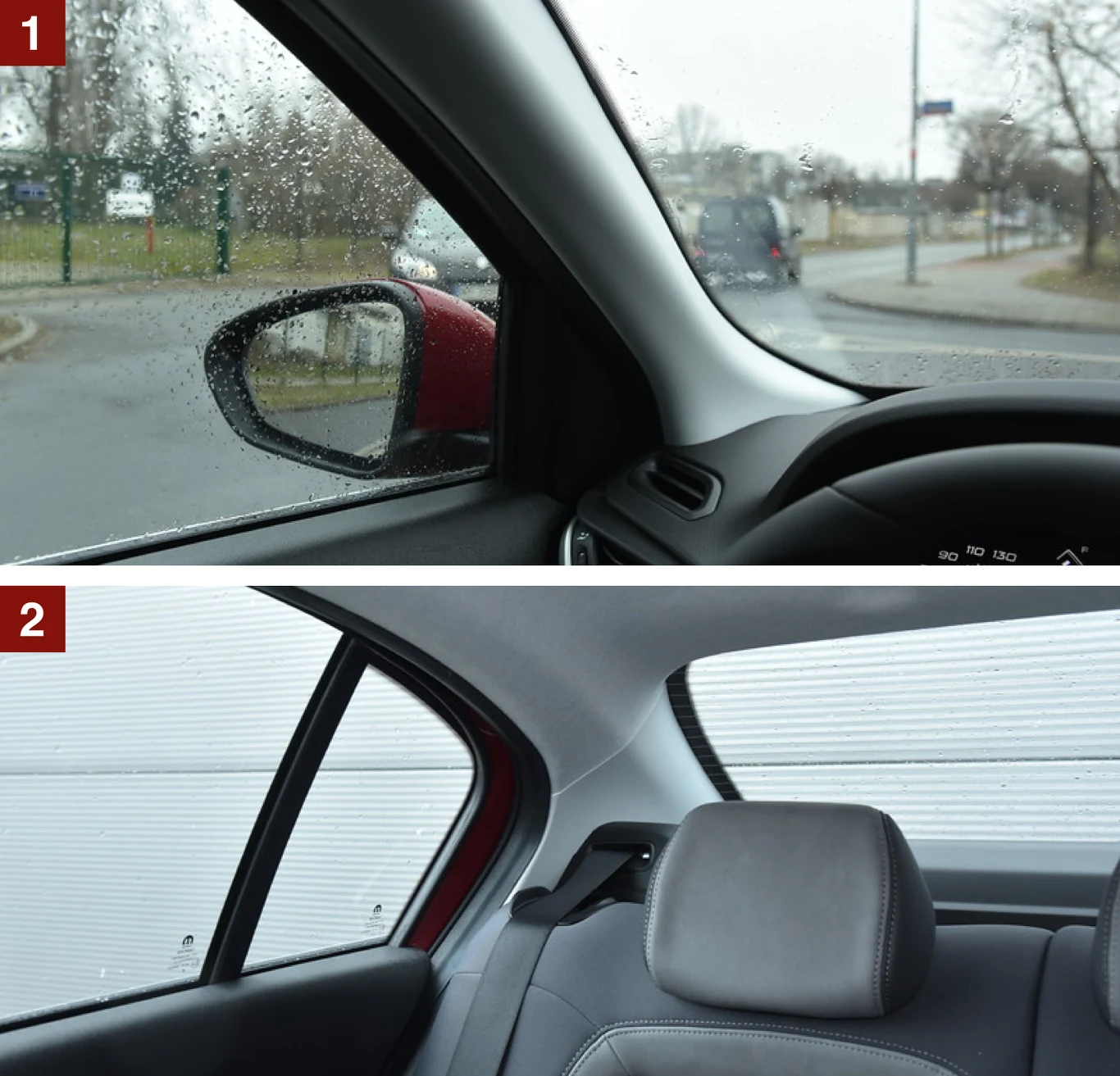 [1] Widoczność w przód ograniczają szerokie słupki i zlewające się z nimi lusterka. [2] Do tyłu widać sporo, za to trudno odgadnąć, gdzie kończy się auto. Przydaje się kamera. 