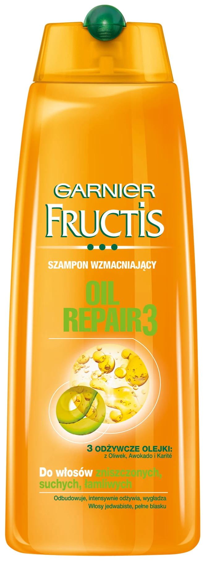 Garnier Fructis Oil Repair 3 Szampon wzmacniający. 3 olejki z owoców wnikają we włókno włosa by odbudować i odżywić je od wewnątrz. Nowy szampon Garnier Fructis OIL REPAIR 3 odżywia suche włosy od wewnątrz dzięki 3 odżywczym olejkom z oliwy, awokado i karite! Dzięki formule 2 w 1, włosy są mocniejsze i odżywione od nasady aż po końce. Dostępne w opakowaniach 400 ml i 250 ml. Garnier Fructis Oil Repair 3 Szampon wzmacniający. 3 olejki z owoców wnikają we włókno włosa by odbudować i odżywić je od wewnątrz. Nowy szampon Garnier Fructis OIL REPAIR 3 odżywia suche włosy od wewnątrz dzięki 3 odżywczym olejkom z oliwy, awokado i karite! Dzięki formule 2 w 1, włosy są mocniejsze i odżywione od nasady aż po końce. Dostępne w opakowaniach 400 ml i 250 ml.