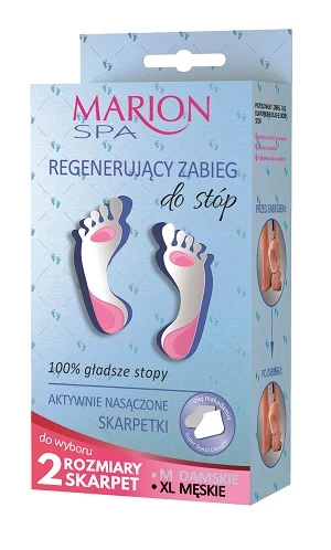 Marion – złuszczający zabieg odżywczy do stóp Złuszczający zabieg w formie skarpetek, który skutecznie i bezpiecznie usuwa martwy, zrogowaciały naskórek. Wystarczy godzina „przed telewizorem” i mamy namiastkę spa we własnym domu. Konsystencja: Płynna Wchłanianie: Kosmetyk ma formę płynną, nie wchłania się Skuteczność: Producent obiecuje, że po 7 dniach skóra stóp zaczyna się łuszczyć. Kosmetyk działa zdecydowanie skuteczniej jeżeli po tygodniu od wykonania zabiegu zrobimy mocny peeling stóp. Po zastosowaniu kosmetyku skóra jest gładka i przyjemna w dotyku. Stosunek jakości do ceny: 10/10 (8 pln) Marion – złuszczający zabieg odżywczy do stóp Złuszczający zabieg w formie skarpetek, który skutecznie i bezpiecznie usuwa martwy, zrogowaciały naskórek. Wystarczy godzina „przed telewizorem” i mamy namiastkę spa we własnym domu. Konsystencja: Płynna Wchłanianie: Kosmetyk ma formę płynną, nie wchłania się Skuteczność: Producent obiecuje, że po 7 dniach skóra stóp zaczyna się łuszczyć. Kosmetyk działa zdecydowanie skuteczniej jeżeli po tygodniu od wykonania zabiegu zrobimy mocny peeling stóp. Po zastosowaniu kosmetyku skóra jest gładka i przyjemna w dotyku. Stosunek jakości do ceny: 10/10 (8 pln)