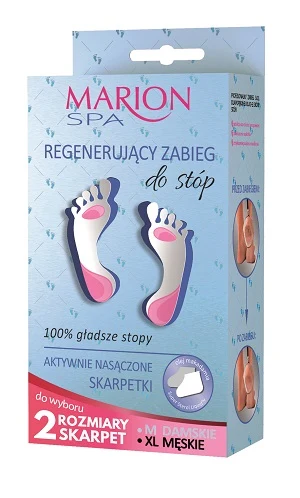 Marion – złuszczający zabieg odżywczy do stóp Złuszczający zabieg w formie skarpetek, który skutecznie i bezpiecznie usuwa martwy, zrogowaciały naskórek. Wystarczy godzina „przed telewizorem” i mamy namiastkę spa we własnym domu. Konsystencja: Płynna Wchłanianie: Kosmetyk ma formę płynną, nie wchłania się Skuteczność: Producent obiecuje, że po 7 dniach skóra stóp zaczyna się łuszczyć. Kosmetyk działa zdecydowanie skuteczniej jeżeli po tygodniu od wykonania zabiegu zrobimy mocny peeling stóp. Po zastosowaniu kosmetyku skóra jest gładka i przyjemna w dotyku. Stosunek jakości do ceny: 10/10 (8 pln) 
