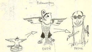 Geneza PRON, karykatura z czasów stanu wojennego, rys. Maciej Miezian