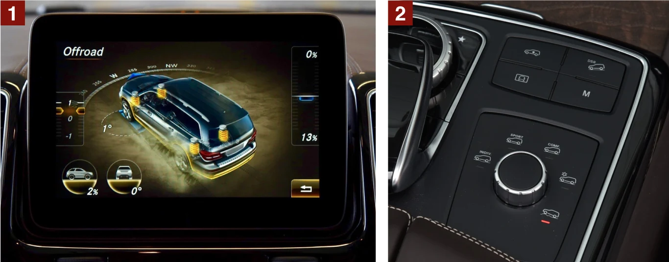 [1] Na ekranie można na bieżąco obserwować m.in. zmianę kąta skrętu kierownicy, nachylenia podjazdu i pochylenia auta. [2] Po prawej stronie jest centrum sterowania trybami pracy napędu (wybiera się je pokrętłem). Przyciskami uruchamia się m.in. asystenta zjazdu ze wzniesienia i reguluje prześwit.