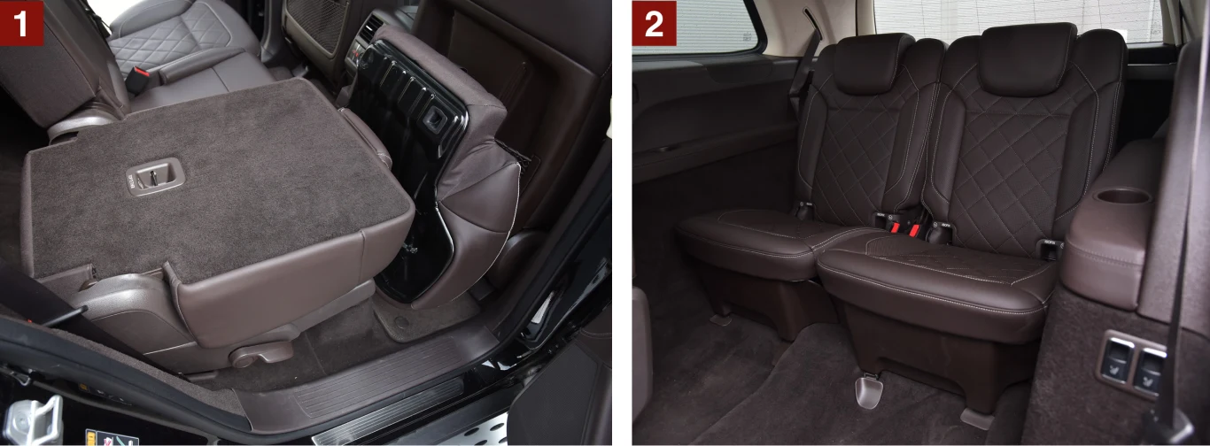 [1] By uzyskać płaską powierzchnię, trzeba złożyć siedzisko. [2] Dwa elektrycznie składane fotele w bagażniku są wyposażeniem seryjnym GLS-a.