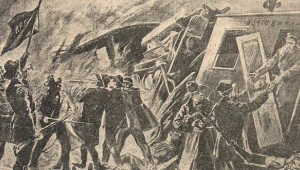 Rysunek przedstawiający jedną z akcji bojowców PPS. Źródło: Zbigniew Martynowski, Polska bojowa, Łódź 1937