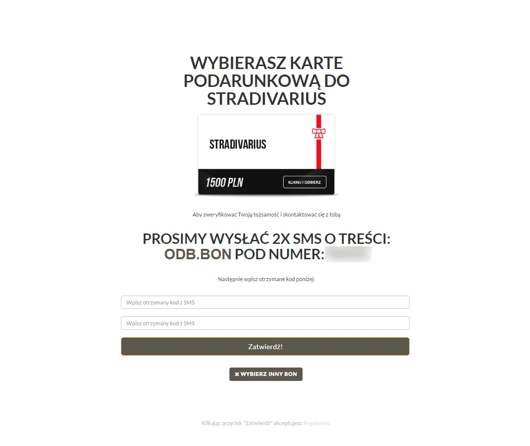 Strona wymagająca wpisania kodów otrzymanych w wiadomościach SMS