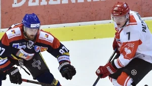 Zawodnik Comarch Cracovii Oliver Paczkowski (P) podczas meczu z TatrySki Podhalem Nowy Targ