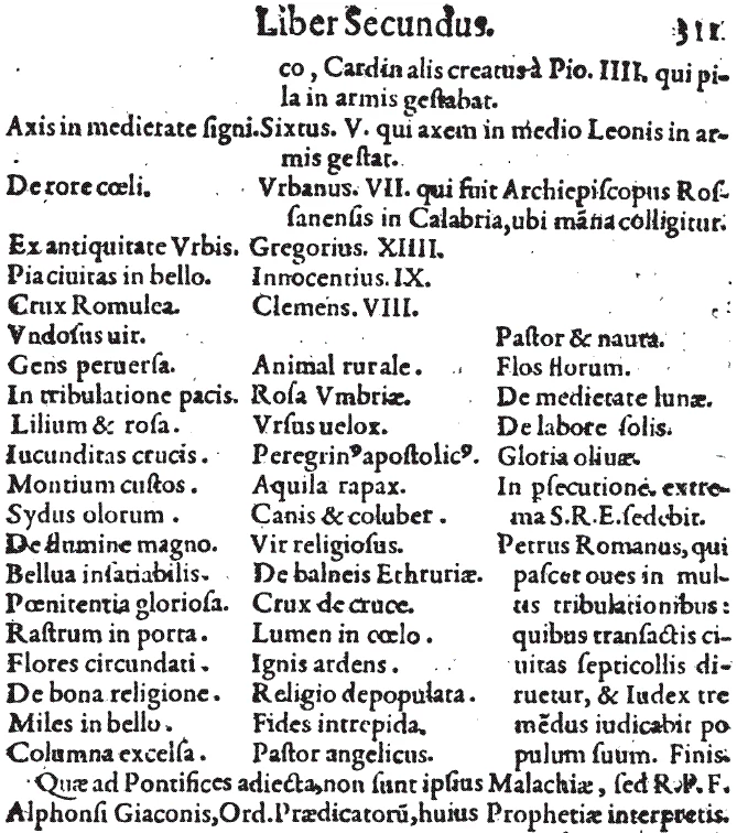 Ostatnia część Przepowiedni Malachiasza w Lignum Vitae (1595)