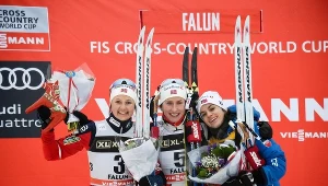 Puchar Świata przypomina często mistrzostwa Norwegii. W Falun Marit Bjoergen wygrała przed Flugstad Ostberg (L) i Heidi Weng (P)