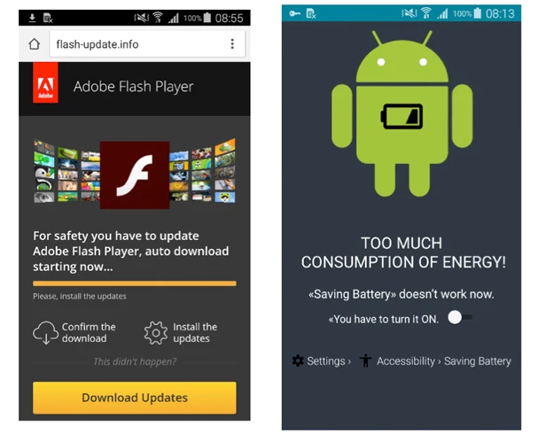 Fałszywa aktualizacja Adobe Flash Player (z lewej) i informacja o rzekomym zbyt dużym zużyciu energii 