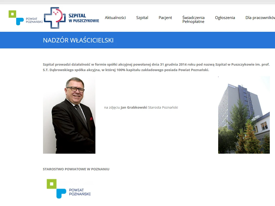 Na stronie szpitala w zakładce "nadzór włascicielski" znajduje się zdjęcie Grabkowskiego