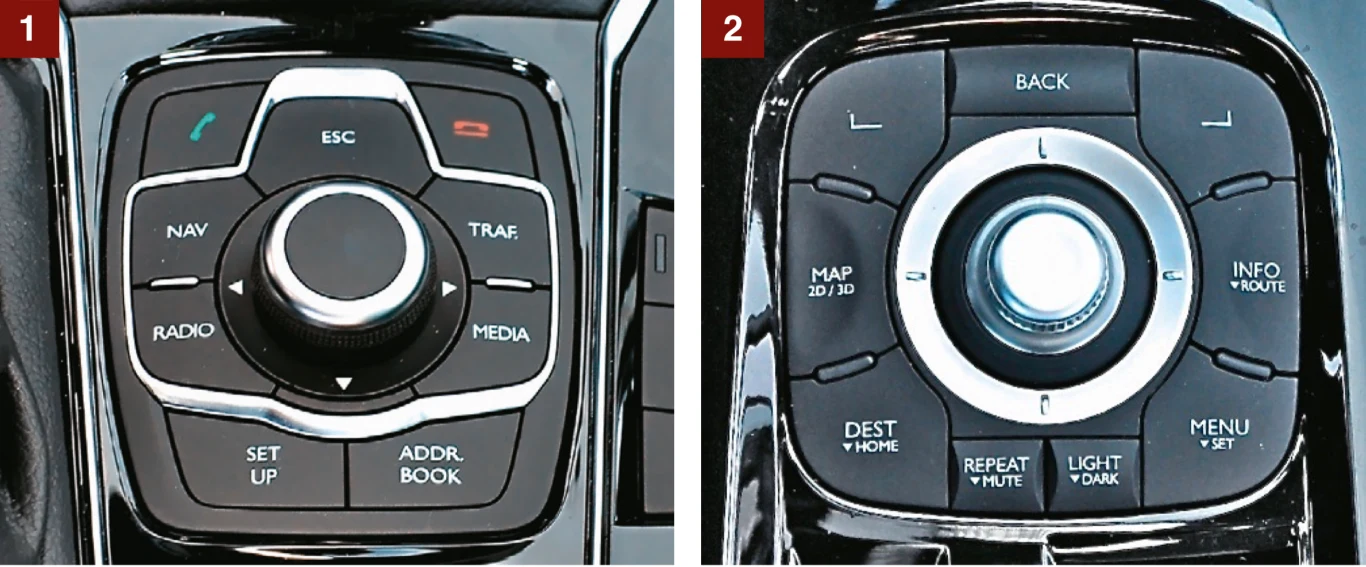 [1] PEUGEOT Obsługa nawigacji wydaje się nieco zbyt skomplikowana – zwłaszcza na tle bardziej przemyślanego (choć też nie idealnego) odpowiednika produkcji Renault. [2] RENAULT Używanie nawigacji w Lagunie nie wymaga sięgania do deski rozdzielczej – odpowiedni panel, podobnie jak u rywala, zlokalizowano pod ręką, między fotelami. 