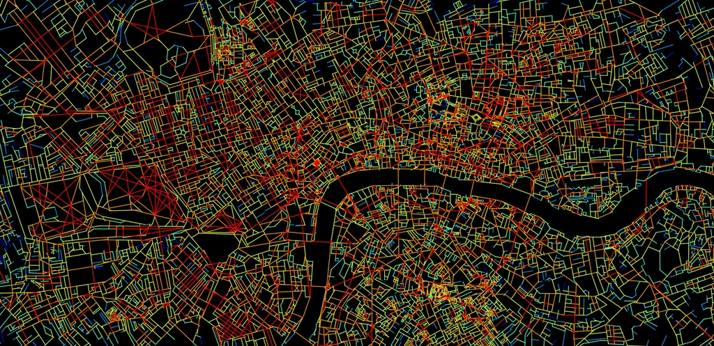 Mapa Londynu, pokazująca poziom komplikacji poszczególnych skrzyżowań (na czerwono - największy)