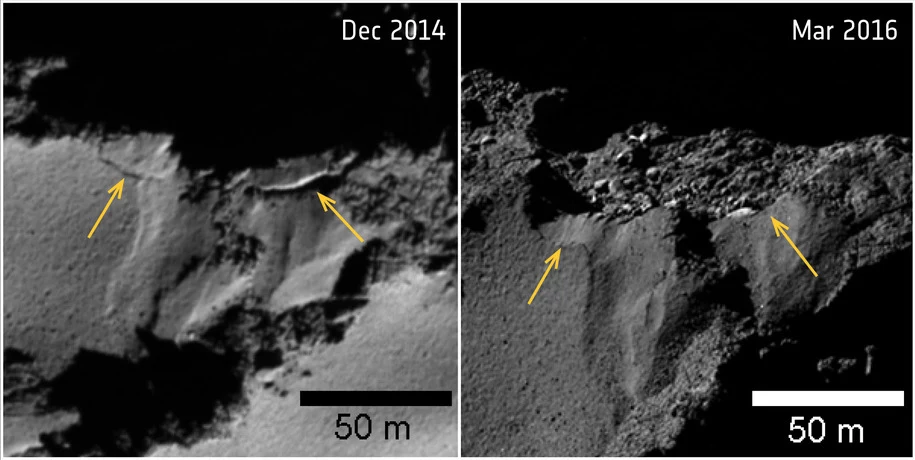 Oberwanie klifu w rejonie Ash. Zdjęcie po lewej wykonano 2 grudnia 2014 roku (przed zbliżeniem do Słońca) i 12 marca 2016 roku, gdy kometa juz się oddalała