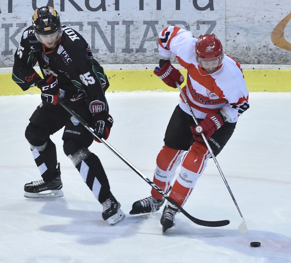 Zawodnik Comarchu Cracovii Lukasz Zib (P) i Marcin Kolusz (L) z GKS Tychy