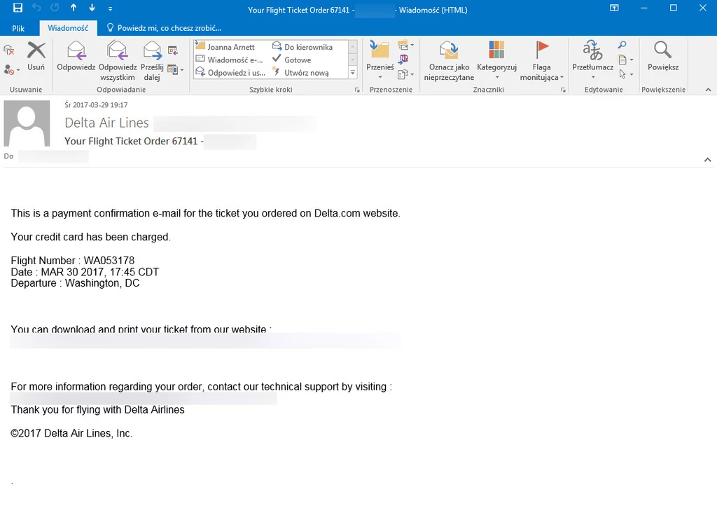 Fałszywy mail mający pochodzić od Delta Air Lines