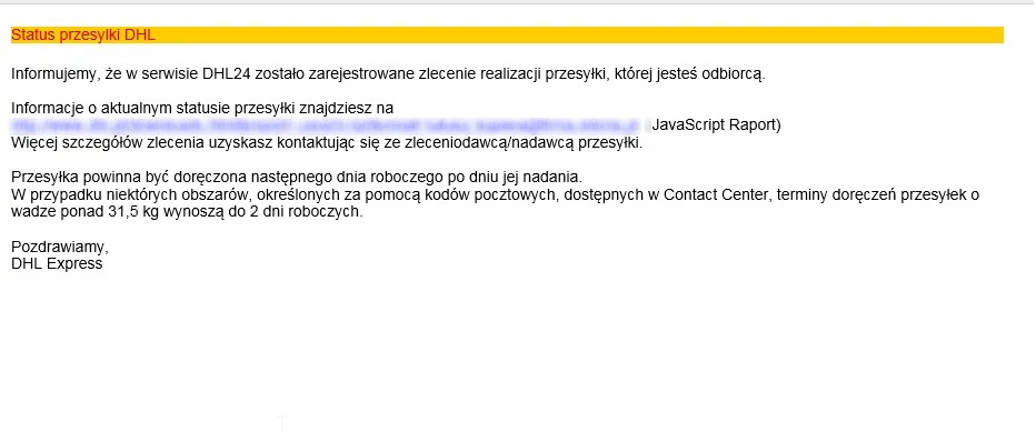 Fałszywy mail. Pod zamazanym linkiem kryje się niebezpieczne oprogramowanie. Trzeba uważać