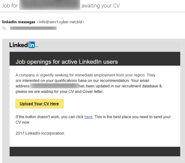 Fałszywy mail podszywający się pod wiadomość z LinkedIn