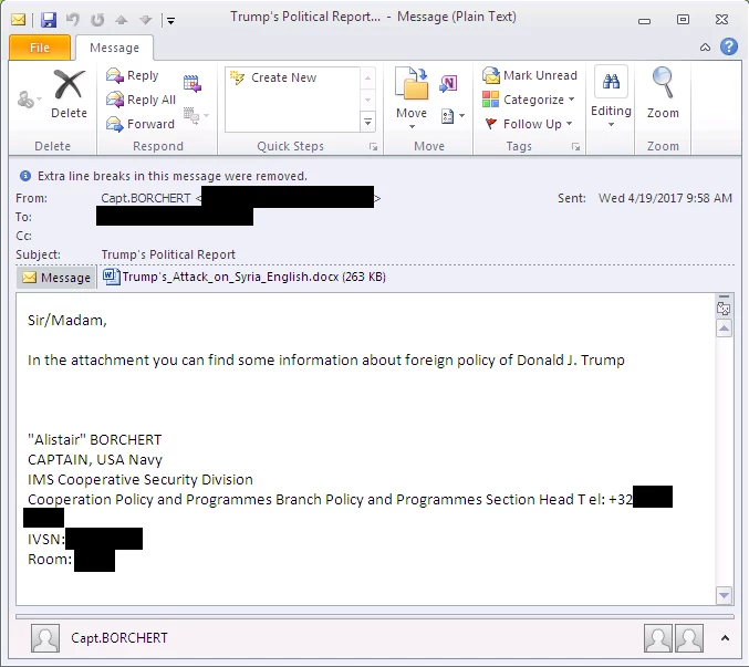 Wiadomość mailowa z zainfekownym załącznikiem „Trump's_Attack_on_Syria_English.docx”