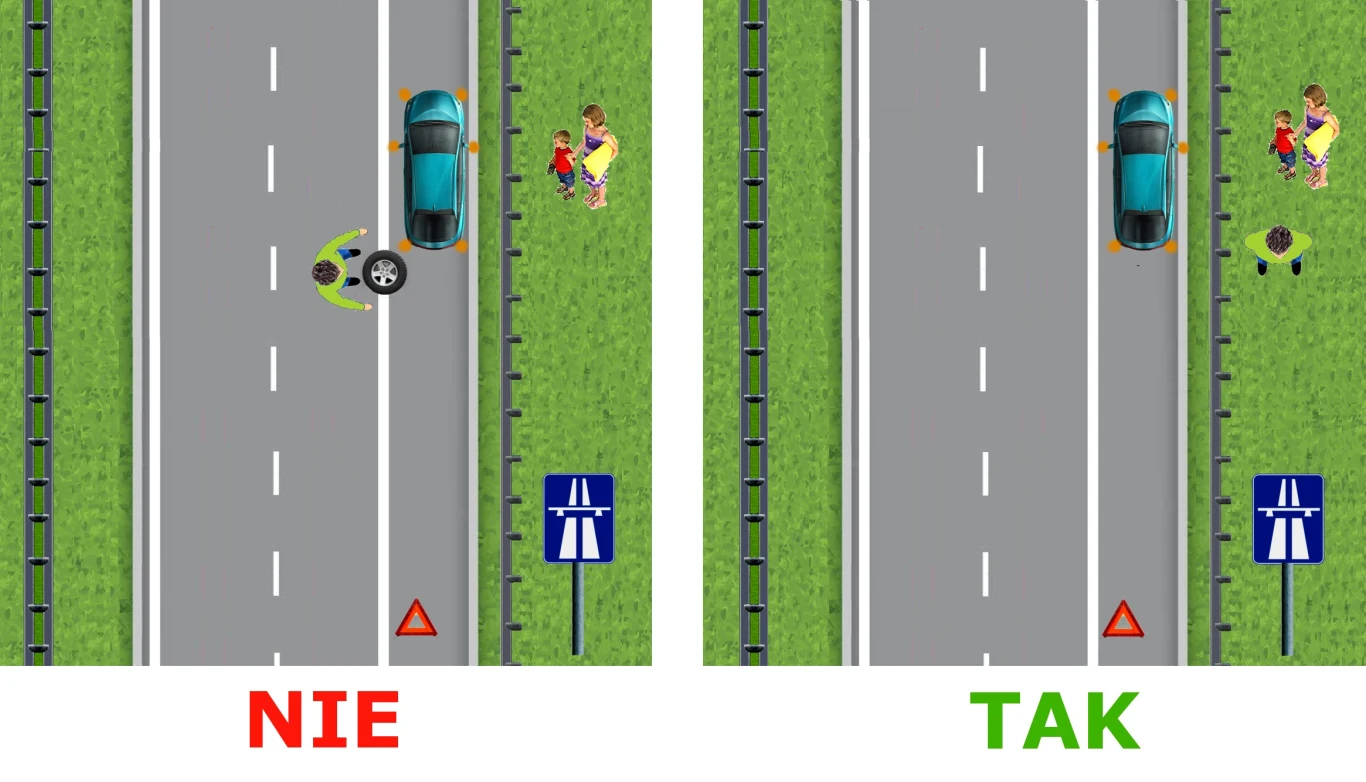 Pod żadnym pozorem nie próbuj, na przykład, zmieniać koła na autostradzie